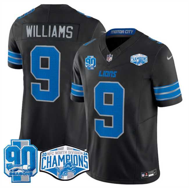 Men%27s Detroit Lions #9 Jameson Williams Black 2024 NFC North Champions 90th Anniversary Patch F.U.S.E. Vapor Limited Stitched Jersey